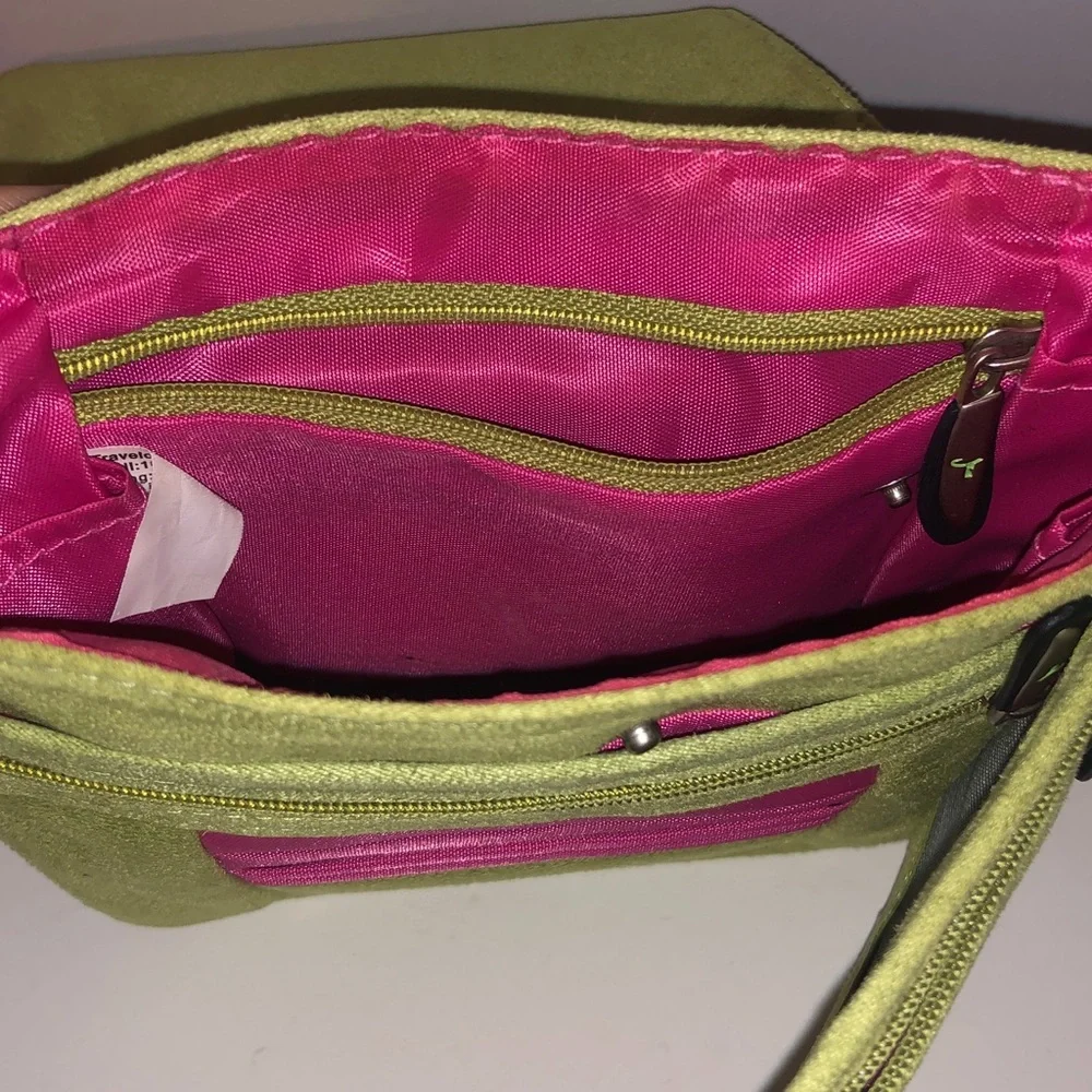 Travelon Lime Green Adjustable Strap Faux Suede Crossbody Travel Bag Size 9” H